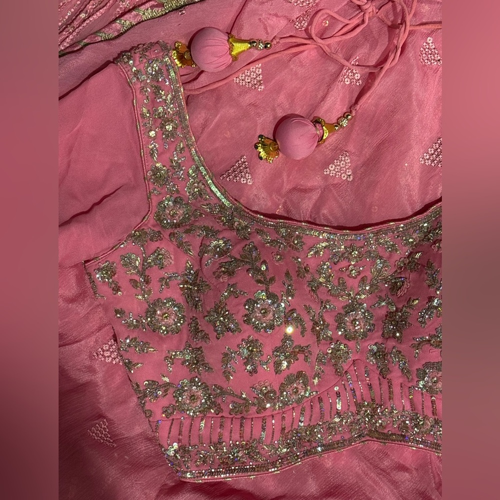Pink Embroidered lengha with Silver and goldAccents